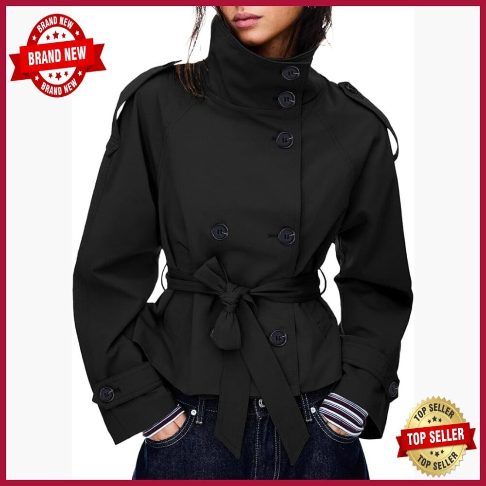 Cropped Trench Coat Double Breasted Belted Jacket Long Sleeve Fall Winter